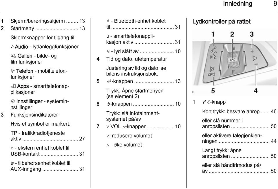 systeminnstillinger 3 Funksjonsindikatorer Hvis et symbol er markert: TP - trafikkradiotjeneste aktiv... 27 M - ekstern enhet koblet til USB-kontakt... 31 G - tilbehørsenhet koblet til AUX-inngang.