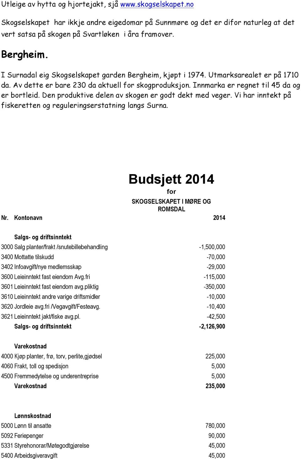 Den produktive delen av skogen er godt dekt med veger. Vi har inntekt på fiskeretten og reguleringserstatning langs Surna. Budsjett 2014 for SKOGSELSKAPET I MØRE OG ROMSDAL Nr.