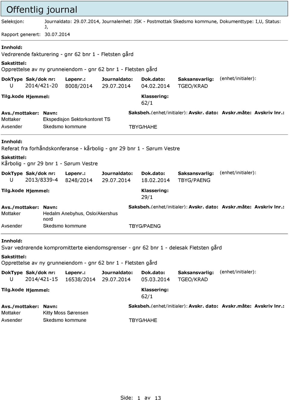 2014 TGEO/KRAD 62/1 Mottaker Ekspedisjon Sektorkontoret TS TBYG/HAHE Referat fra forhåndskonferanse - kårbolig - gnr 29 bnr 1 - Sørum Vestre Kårbolig - gnr 29 bnr 1 - Sørum Vestre 2013/8339-4