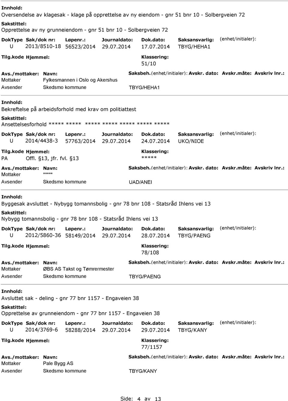 2014 KO/NOE Mottaker AD/ANE Byggesak avsluttet - Nybygg tomannsbolig - gnr 78 bnr 108 - Statsråd hlens vei 13 Nybygg tomannsbolig - gnr 78 bnr 108 - Statsråd hlens vei 13 2012/5860-36 58149/2014