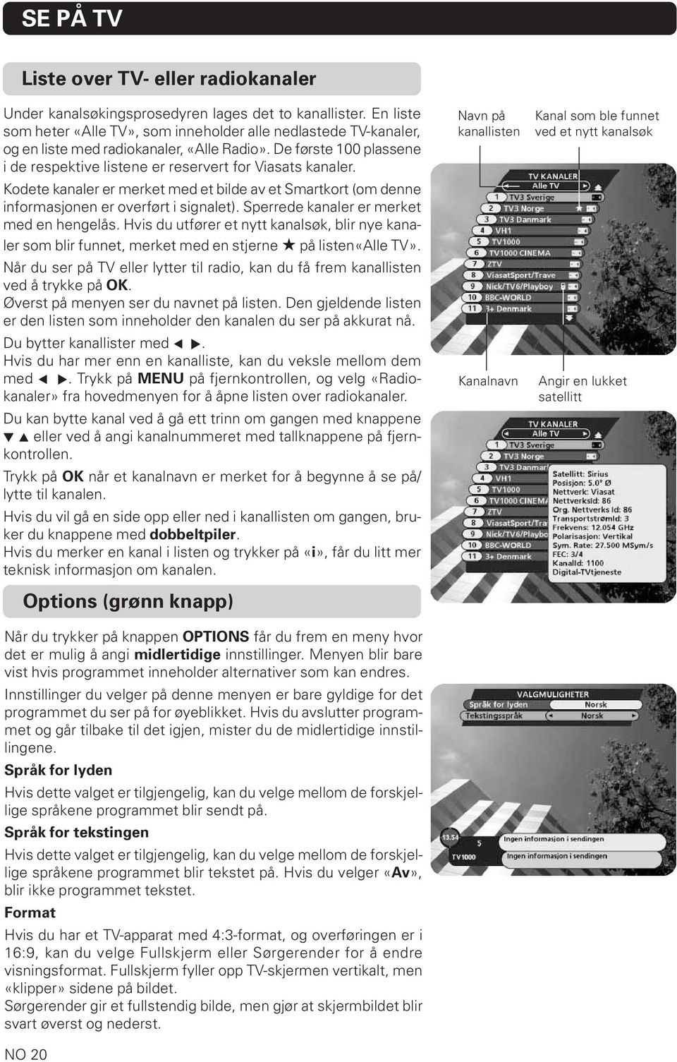 Kodete kanaler er merket med et bilde av et Smartkort (om denne informasjonen er overført i signalet). Sperrede kanaler er merket med en hengelås.