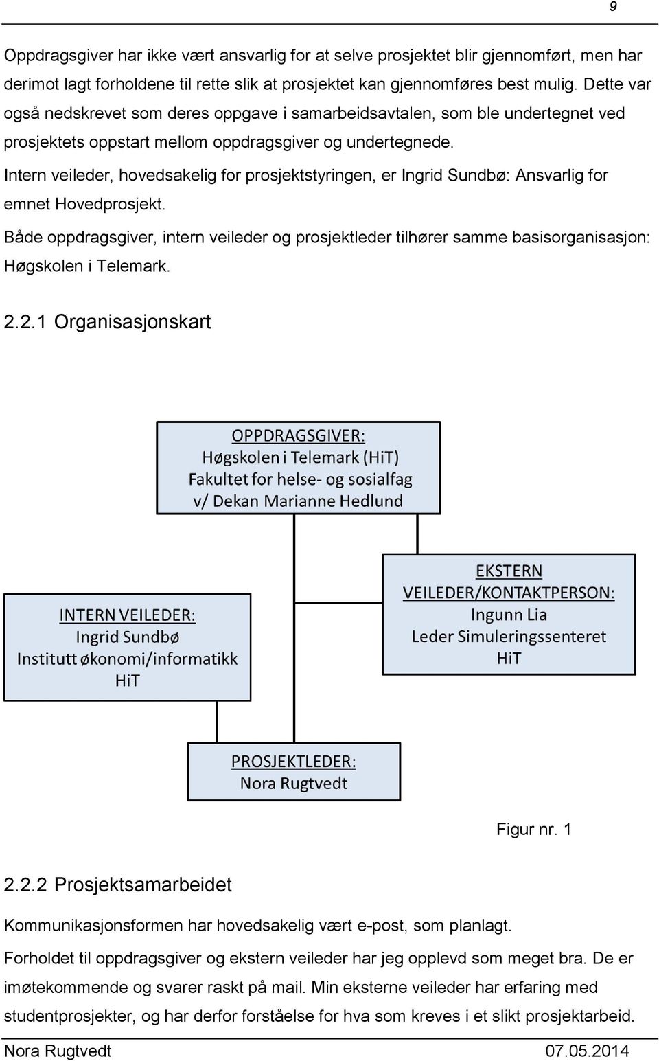 Intern veileder, hovedsakelig for prosjektstyringen, er Ingrid Sundbø: Ansvarlig for emnet Hovedprosjekt.