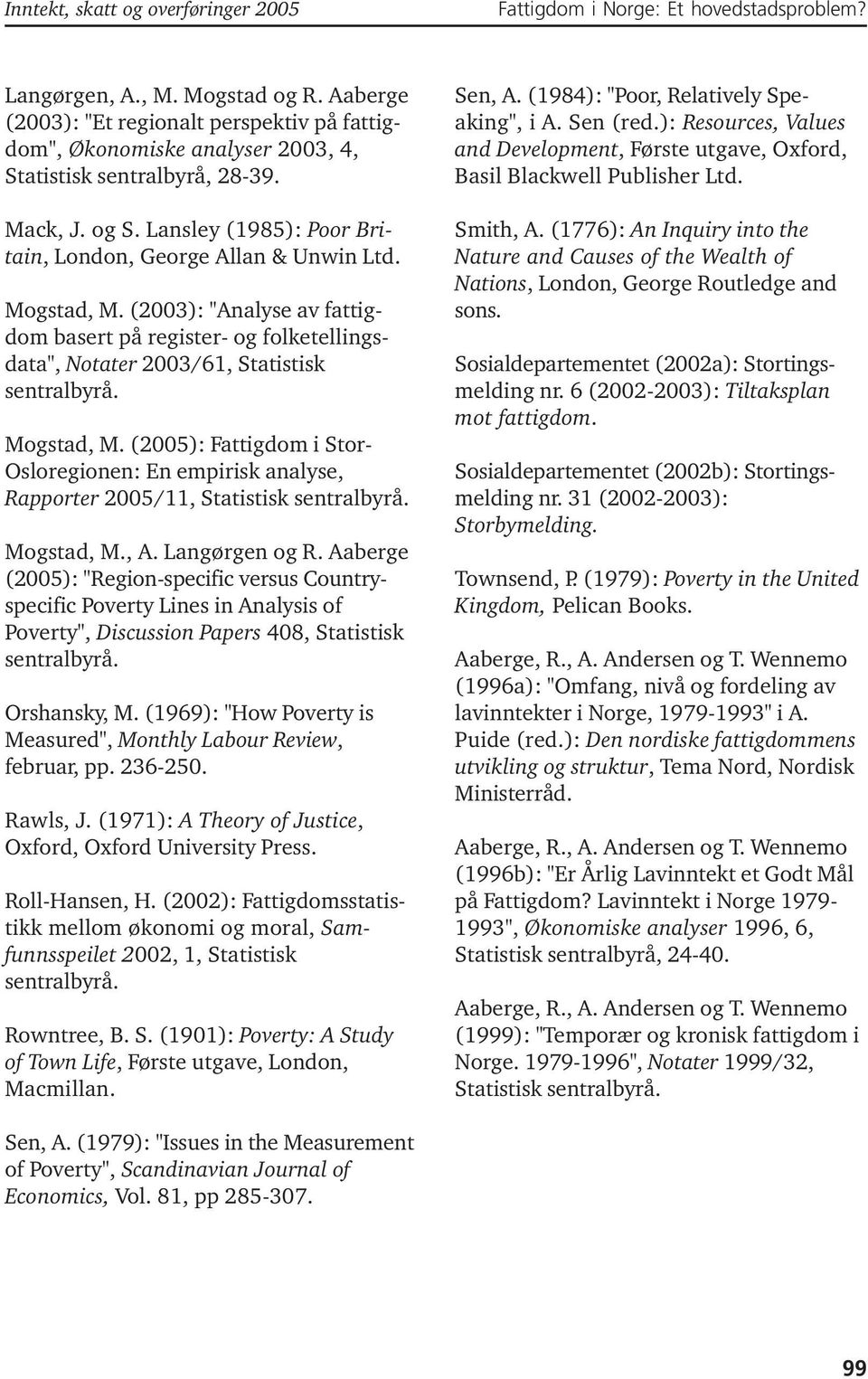 Mogstad, M. (2005): Fattigdom i Stor- Osloregionen: En empirisk analyse, Rapporter 2005/11, Statistisk sentralbyrå. Mogstad, M., A. Langørgen og R.