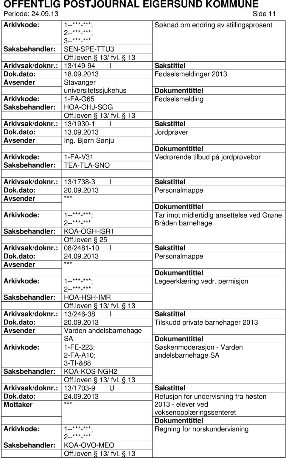 : 13/1738-3 I Sakstittel Tar imot midlertidig ansettelse ved Grøne Bråden barnehage Saksbehandler: KOA-OGH-ISR1 Arkivsak/doknr.: 08/2481-10 I Sakstittel Legeerklæring vedr.