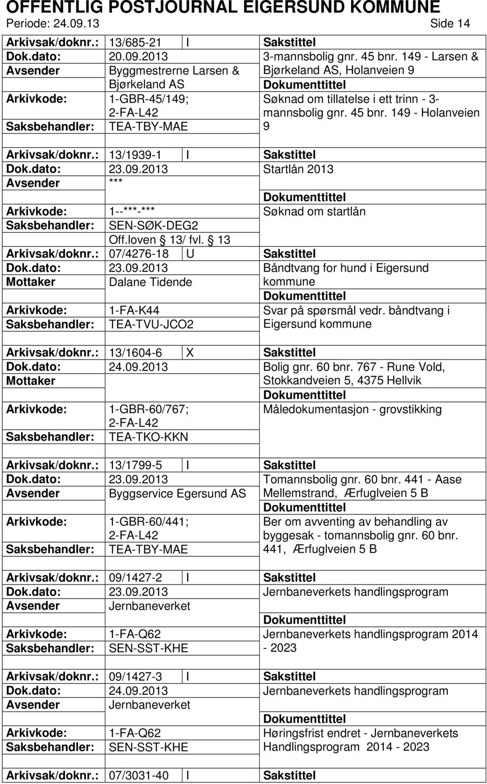 149 - Holanveien Saksbehandler: TEA-TBY-MAE 9 Arkivsak/doknr.: 13/1939-1 I Sakstittel Startlån 2013 Arkivkode: 1--***-*** Søknad om startlån Saksbehandler: SEN-SØK-DEG2 Arkivsak/doknr.