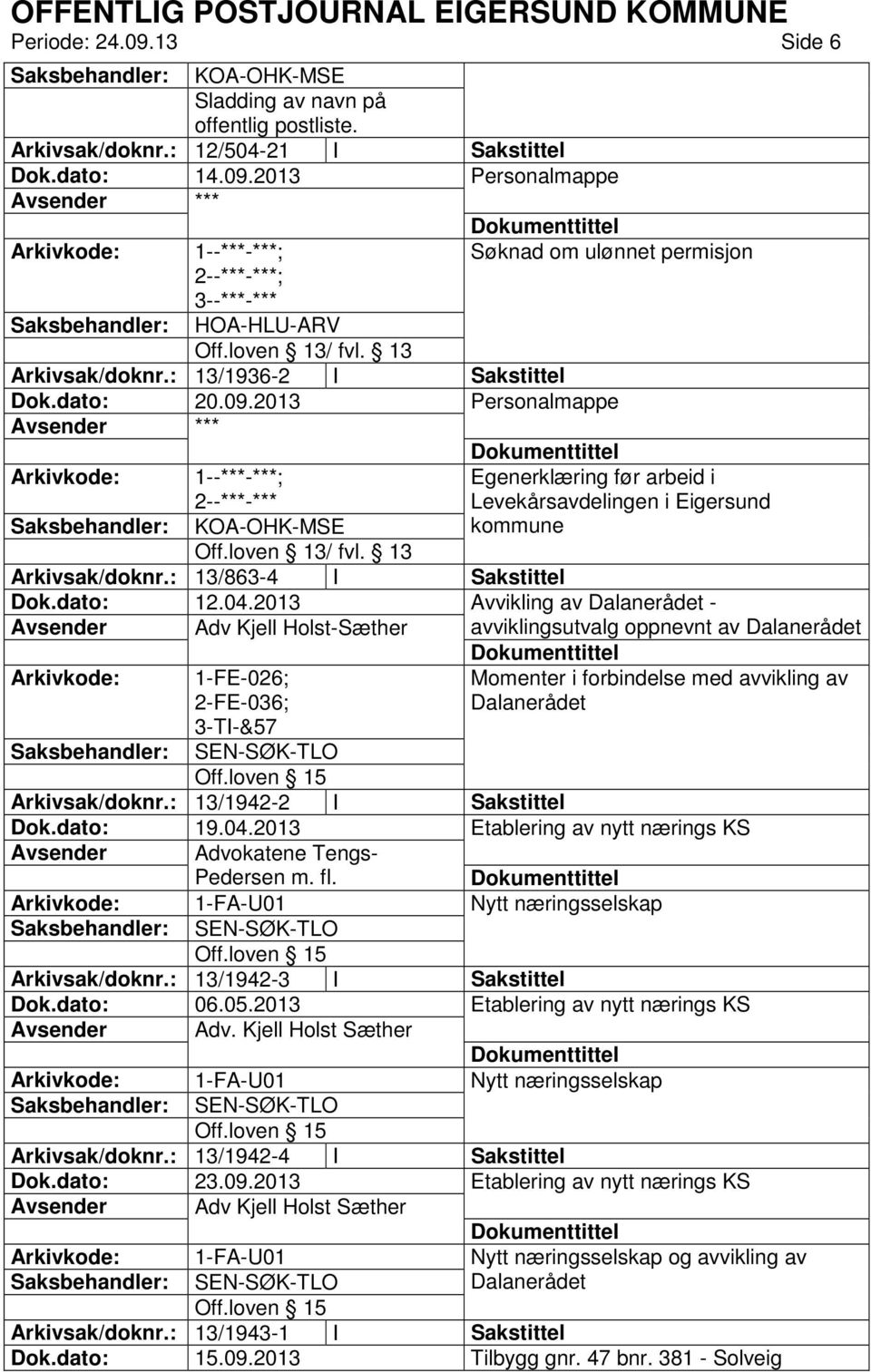 2013 Avvikling av Dalanerådet - Avsender Adv Kjell Holst-Sæther avviklingsutvalg oppnevnt av Dalanerådet Arkivkode: 1-FE-026; 2-FE-036; 3-TI-&57 Momenter i forbindelse med avvikling av Dalanerådet