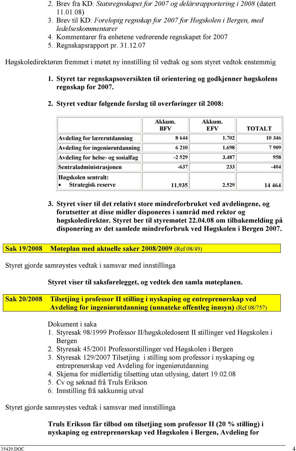 Styret tar regnskapsoversikten til orientering og godkjenner høgskolens regnskap for 2007. 2. Styret vedtar følgende forslag til overføringer til 2008: Akkum. BFV Akkum.