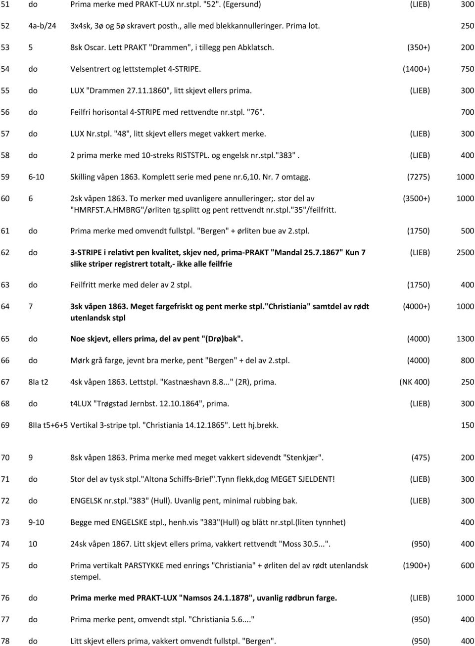 (LIEB) 56 do Feilfri horisontal 4 STRIPE med rettvendte nr.stpl. "76". 700 57 do LUX Nr.stpl. "48", litt skjevt ellers meget vakkert merke. (LIEB) 58 do 2 prima merke med 10 streks RISTSTPL.