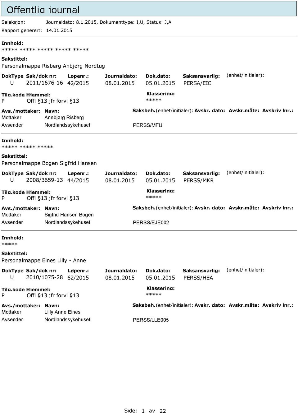 : Mottaker Annbjørg Risberg ERSS/MF ersonalmappe Bogen Sigfrid Hansen 2008/3659-13 44/2015 ERSS/MKR Avs.