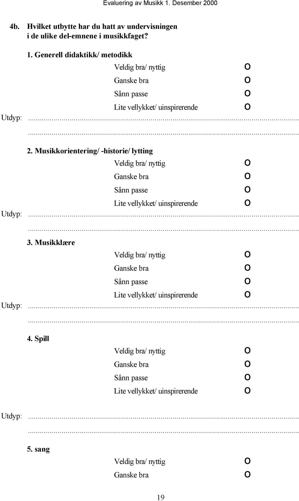 Musikkrientering/ -histrie/ lytting Veldig bra/ nyttig Ganske bra Sånn passe Lite vellykket/ uinspirerende Utdyp: 3.