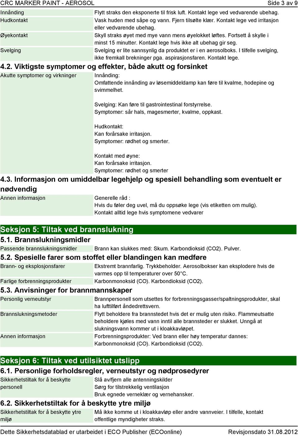 Kontakt lege hvis ikke alt ubehag gir seg. Svelging er lite sannsynlig da produktet er i en aerosolboks. I tilfelle svelging, ikke fremkall brekninger pga. aspirasjonsfaren. Kontakt lege. 4.2.