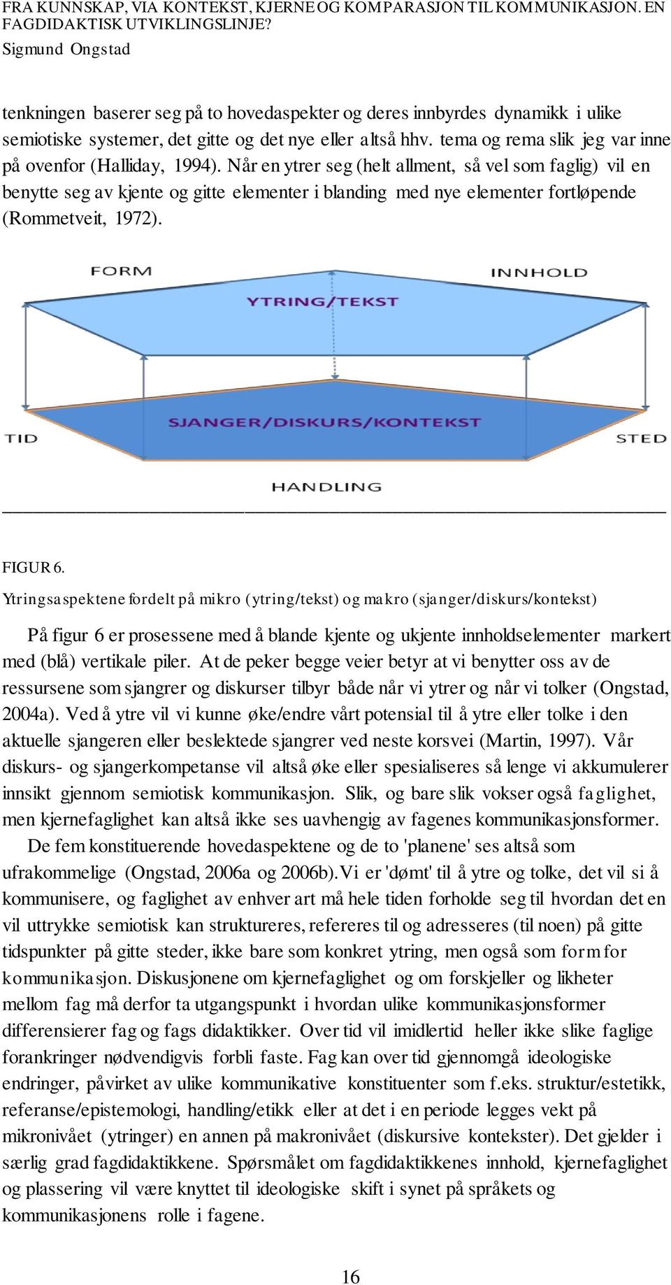 Ytringsaspektene fordelt på mikro (ytring/tekst) og makro (sjanger/diskurs/kontekst) På figur 6 er prosessene med å blande kjente og ukjente innholdselementer markert med (blå) vertikale piler.