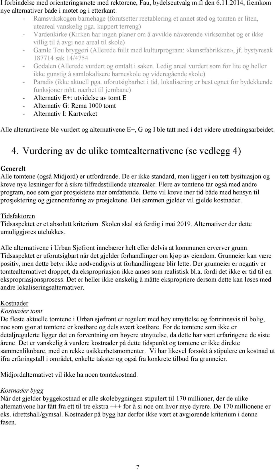 kuppert terreng) - Vardenkirke (Kirken har ingen planer om å avvikle nåværende virksomhet og er ikke villig til å avgi noe areal til skole) - Gamle Tou bryggeri (Allerede fullt med kulturprogram: