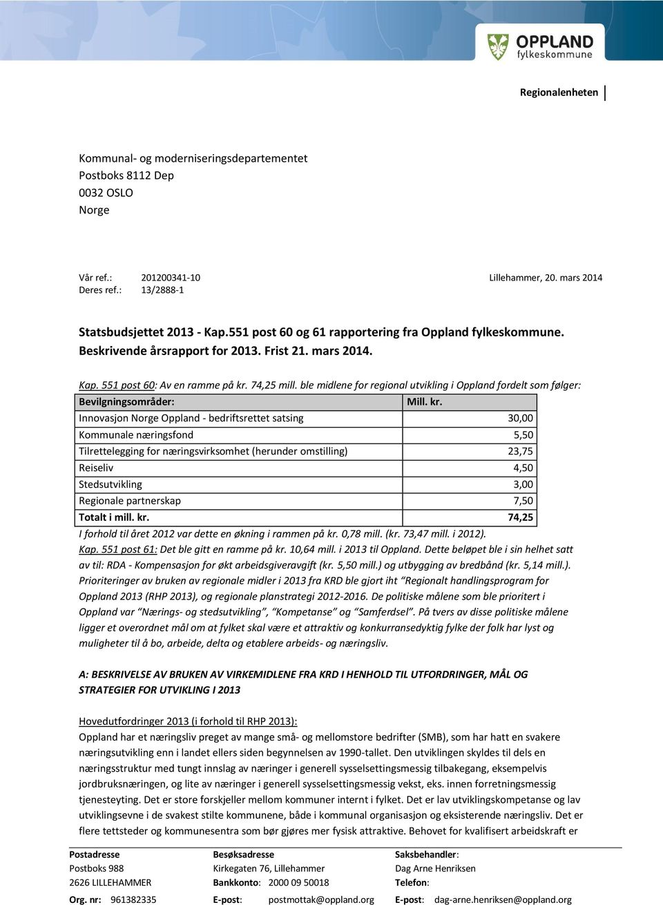 ble midlene for regional utvikling i Oppland fordelt som følger: Bevilgningsområder: Mill. kr.