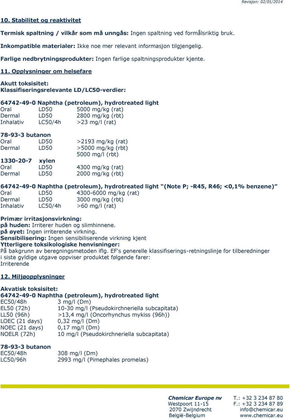 Opplysninger om helsefare Akutt toksisitet: Klassifiseringsrelevante LD/LC50-verdier: 64742-49-0 Naphtha (petroleum), hydrotreated light Oral LD50 5000 mg/kg (rat) Dermal LD50 2800 mg/kg (rbt)