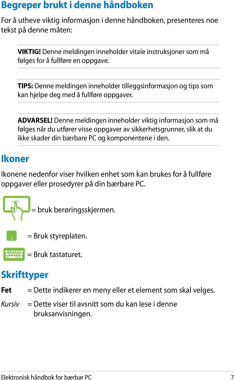 Ikoner ADVARSEL! Denne meldingen inneholder viktig informasjon som må følges når du utfører visse oppgaver av sikkerhetsgrunner, slik at du ikke skader din bærbare PC og komponentene i den.