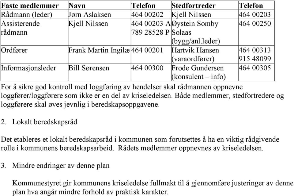 leder) Ordfører Frank Martin Ingilæ 464 00201 Hartvik Hansen 464 00313 (varaordfører) 915 48099 Informasjonsleder Bill Sørensen 464 00300 Frode Gundersen 464 00305 (konsulent info) For å sikre god