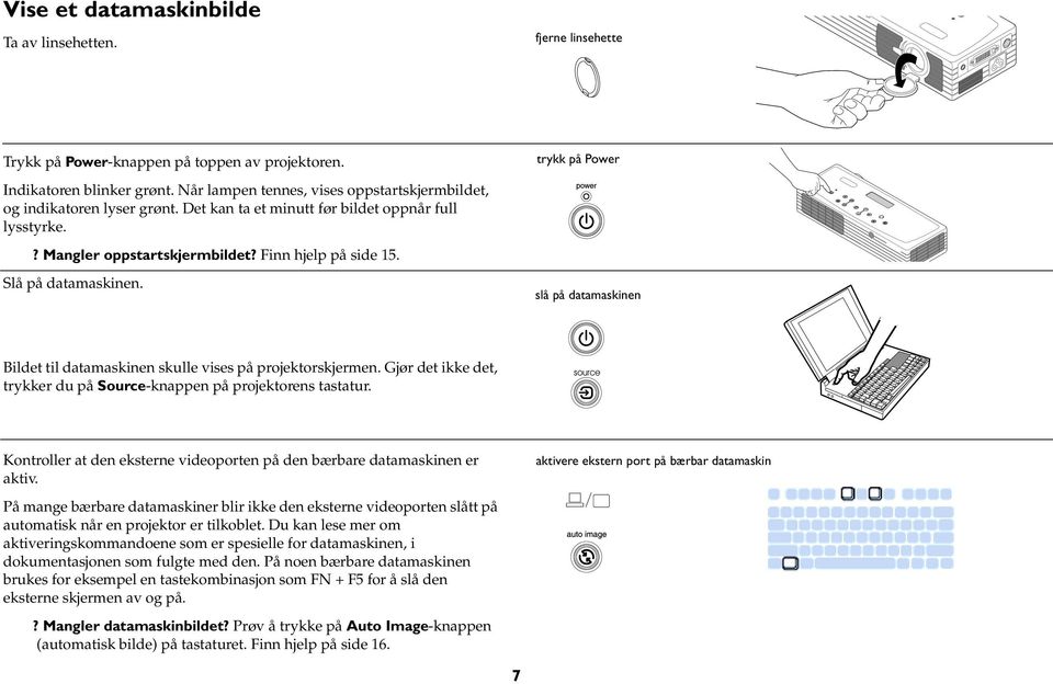 Slå på datamaskinen. slå på datamaskinen Bildet til datamaskinen skulle vises på projektorskjermen. Gjør det ikke det, trykker du på Source-knappen på projektorens tastatur.