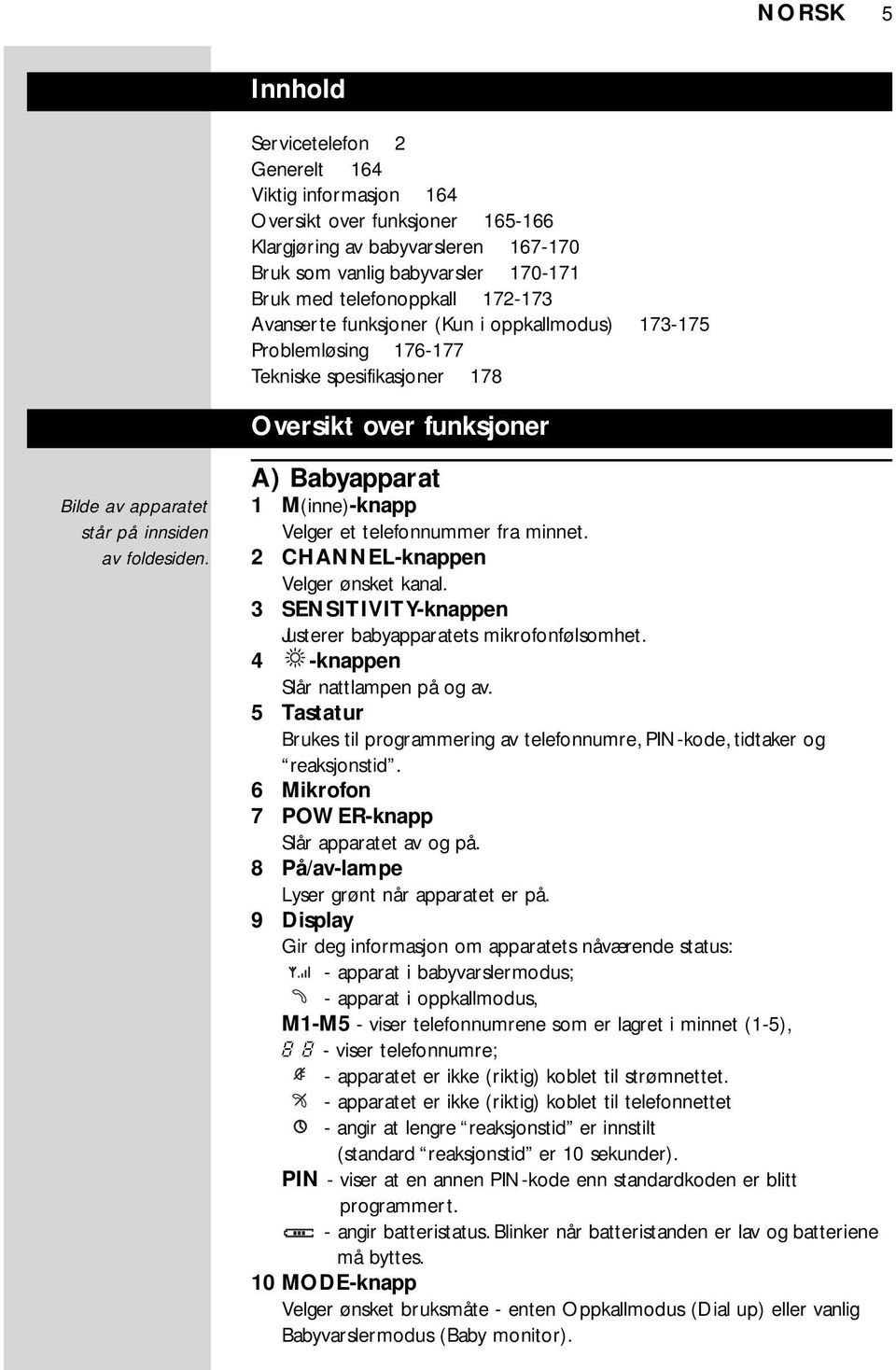 A) Babyapparat 1 M(inne)-knapp Velger et telefonnummer fra minnet. 2 CHANNEL-knappen Velger ønsket kanal. 3 SENSITIVITY-knappen Justerer babyapparatets mikrofonfølsomhet.