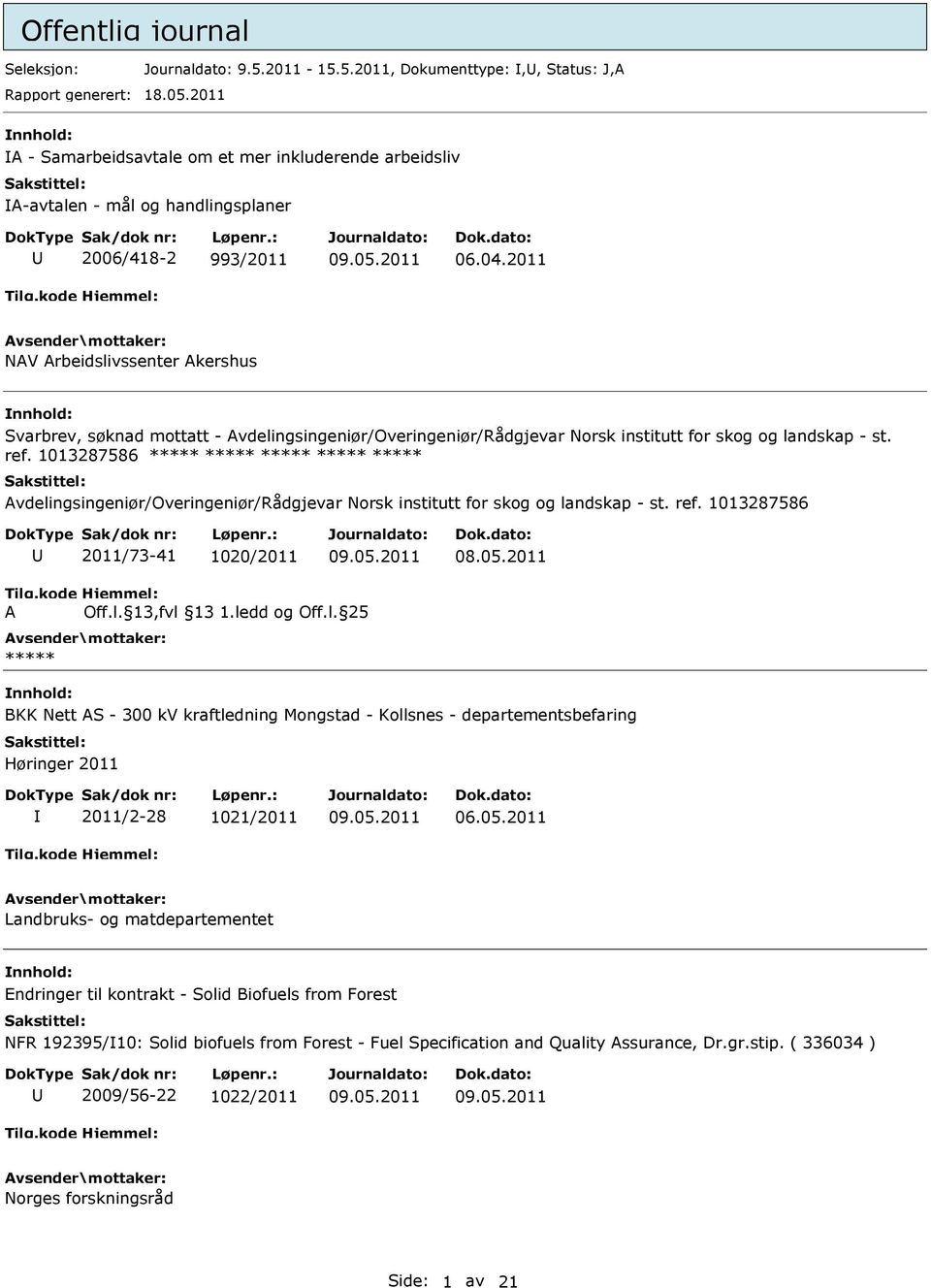 2011 NAV Arbeidslivssenter Akershus Svarbrev, søknad mottatt - Avdelingsingeniør/Overingeniør/Rådgjevar Norsk institutt for skog og landskap - st. ref.