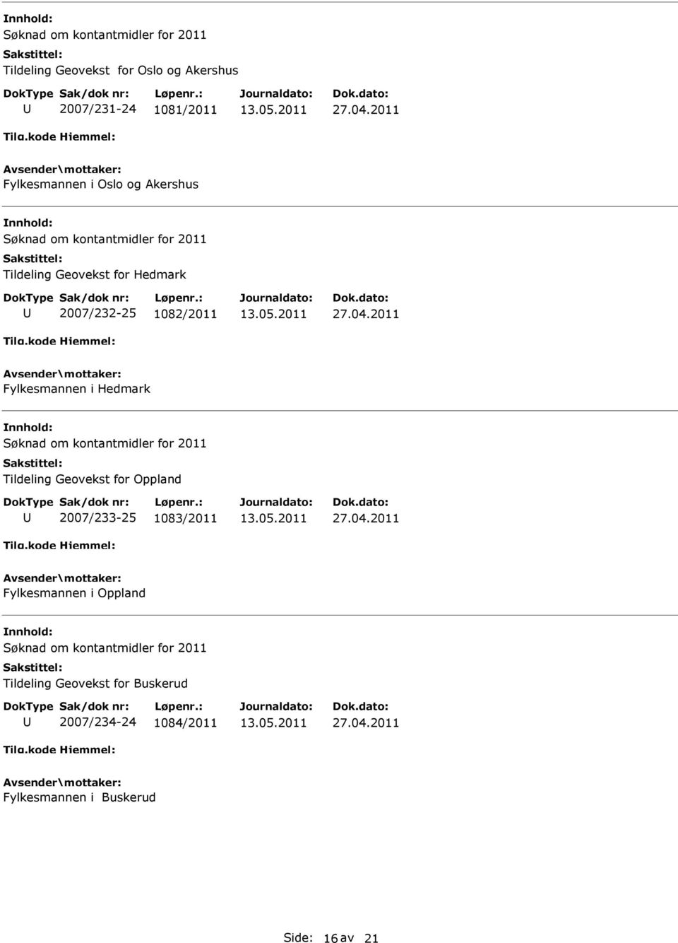 Tildeling Geovekst for Oppland 2007/233-25 1083/2011 Fylkesmannen i Oppland