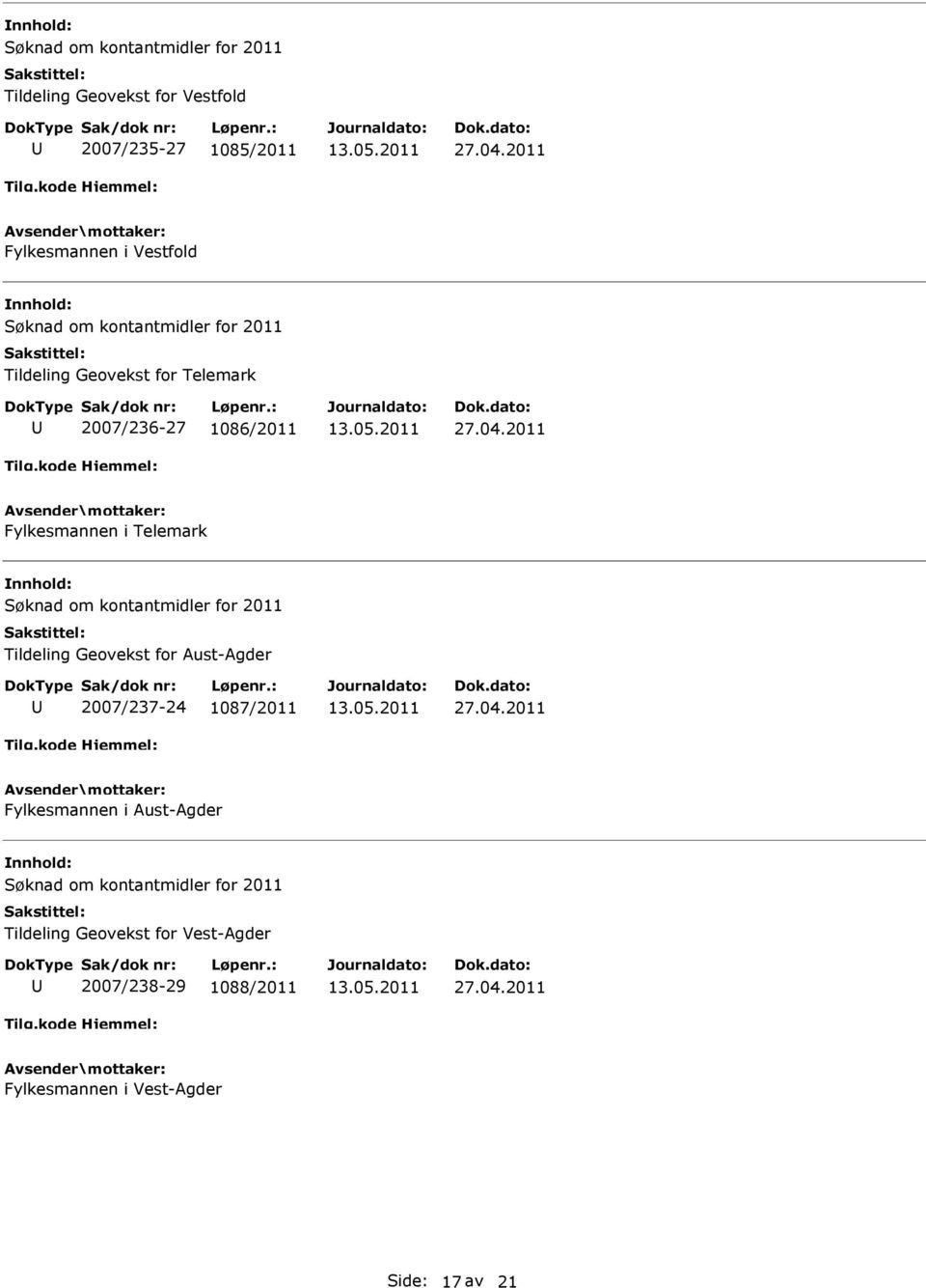 Tildeling Geovekst for Aust-Agder 2007/237-24 1087/2011 Fylkesmannen i Aust-Agder