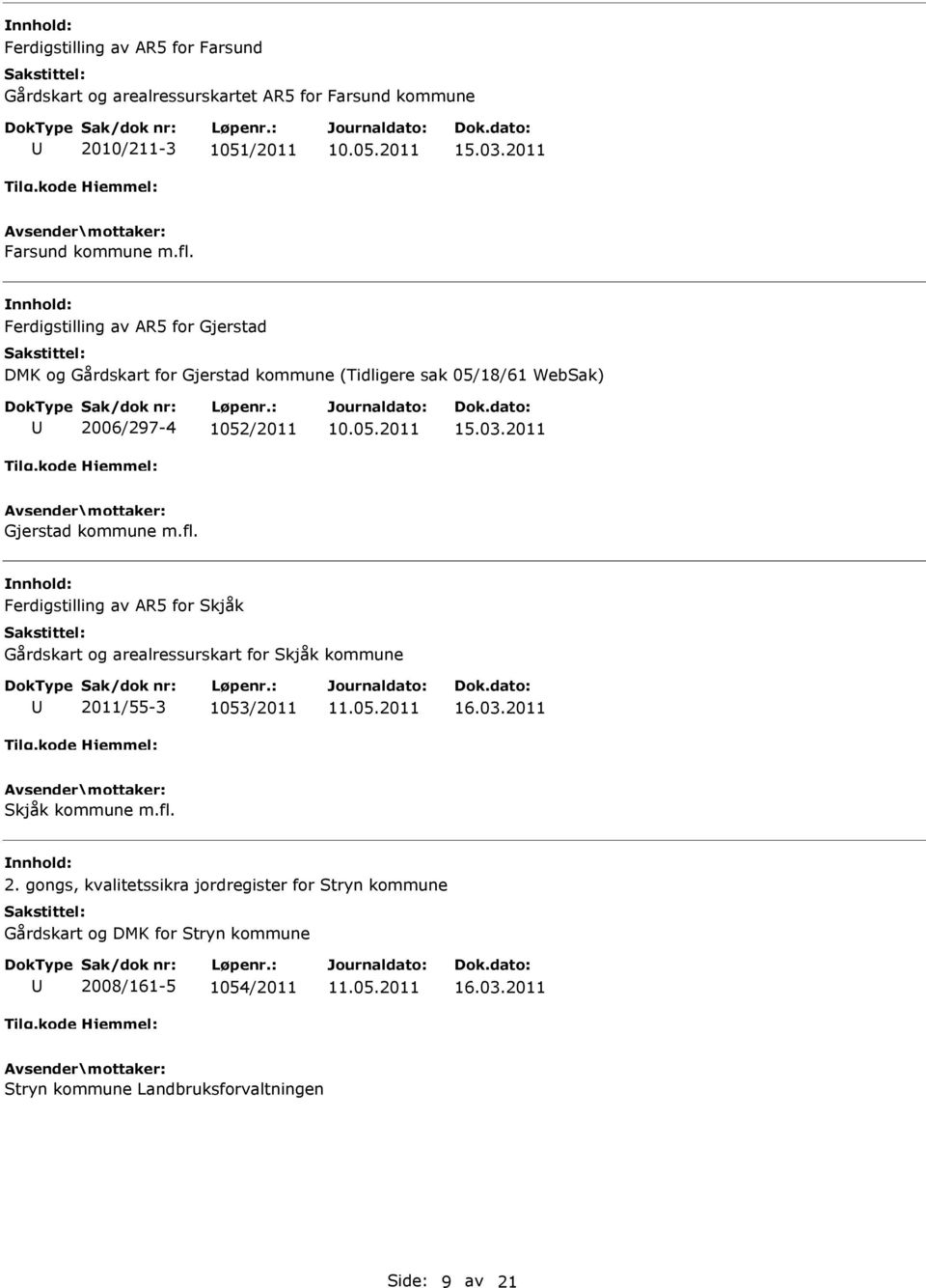 2011 Gjerstad kommune m.fl. Ferdigstilling av AR5 for Skjåk Gårdskart og arealressurskart for Skjåk kommune 2011/55-3 1053/2011 16.03.