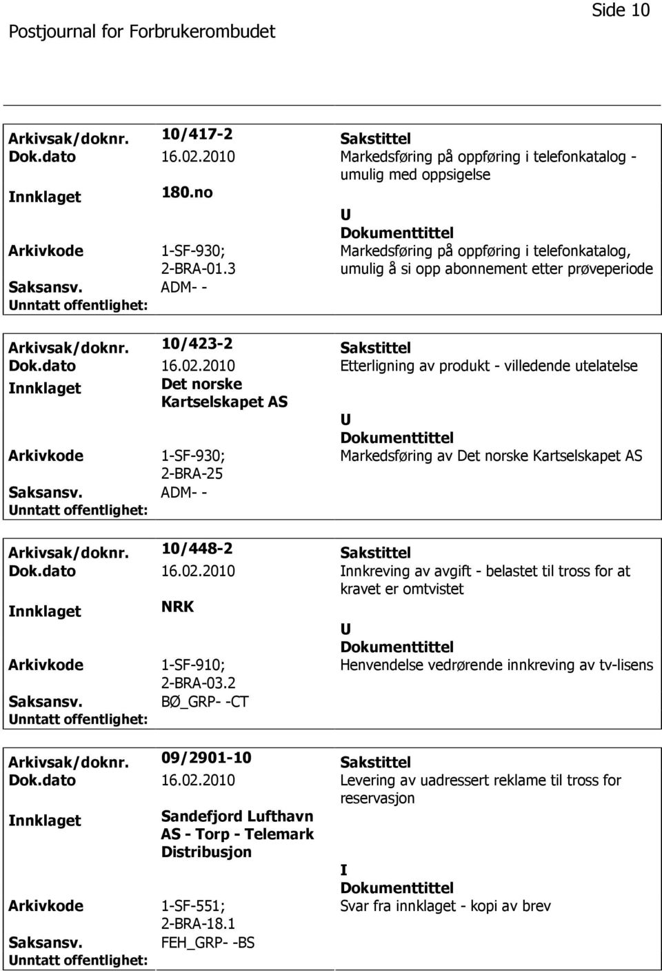 2010 Etterligning av produkt - villedende utelatelse nnklaget Det norske Kartselskapet AS 1-SF-930; 2-BRA-25 Markedsføring av Det norske Kartselskapet AS ADM- - Arkivsak/doknr.