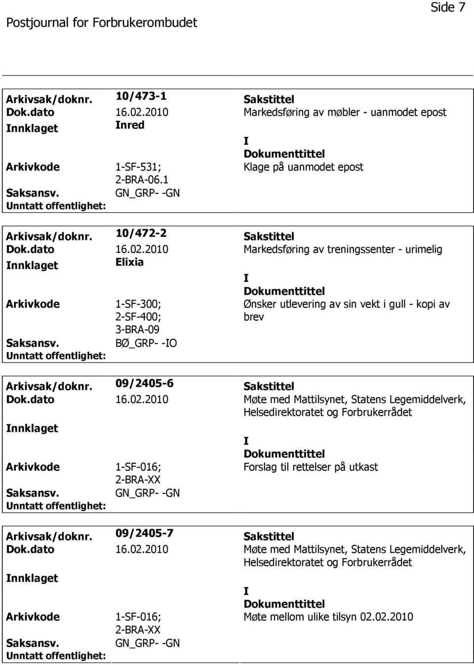 2010 Markedsføring av treningssenter - urimelig nnklaget Elixia 1-SF-300; 2-SF-400; 3-BRA-09 Ønsker utlevering av sin vekt i gull - kopi av brev BØ_GRP- -O Arkivsak/doknr. 09/2405-6 Sakstittel Dok.