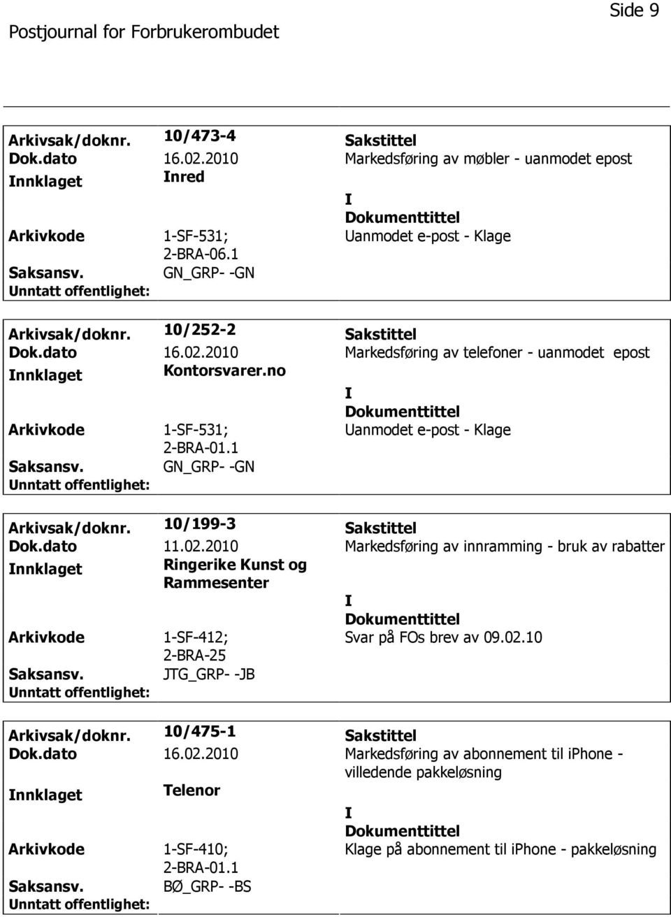 10/199-3 Sakstittel Dok.dato 11.02.2010 Markedsføring av innramming - bruk av rabatter nnklaget Ringerike Kunst og Rammesenter 1-SF-412; 2-BRA-25 Svar på FOs brev av 09.02.10 JTG_GRP- -JB Arkivsak/doknr.