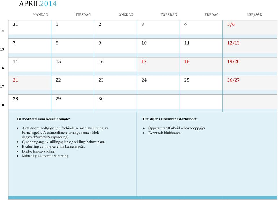 barnehageåret/ekstraordinære arrangementer (delt dagsverk/overtid/avspasering).