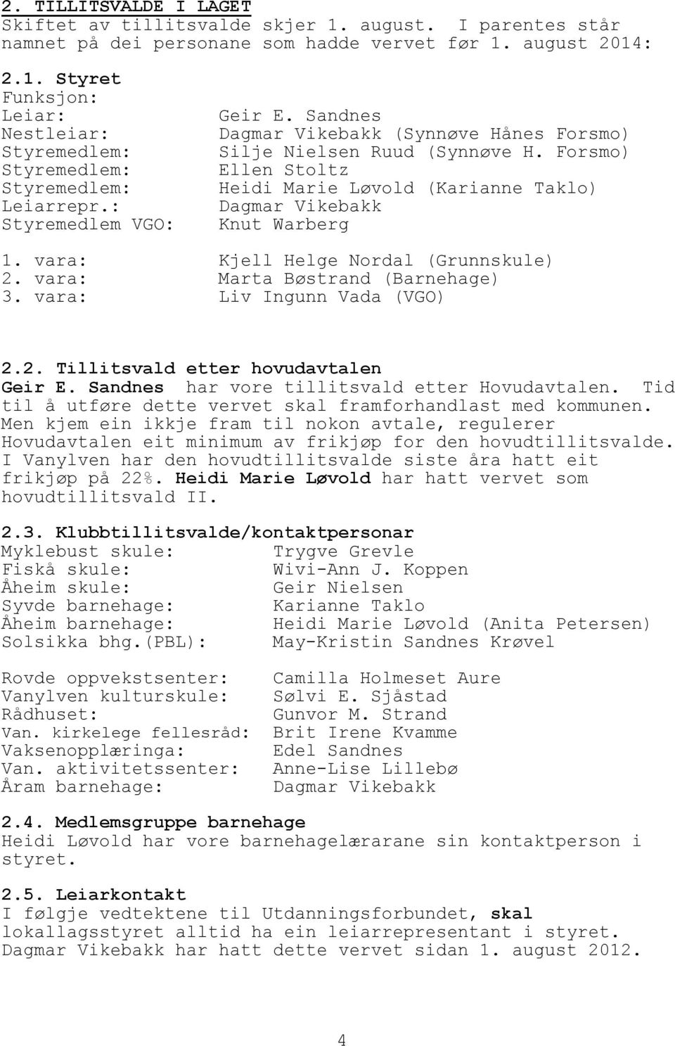 vara: Kjell Helge Nordal (Grunnskule) 2. vara: Marta Bøstrand (Barnehage) 3. vara: Liv Ingunn Vada (VGO) 2.2. Tillitsvald etter hovudavtalen Geir E. Sandnes har vore tillitsvald etter Hovudavtalen.