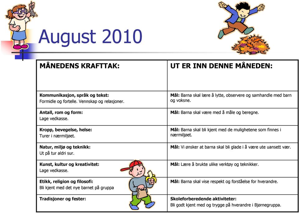 Etikk, religion og filosofi: Bli kjent med det nye barnet på gruppa Tradisjoner og fester: Mål: Barna skal lære å lytte, observere og samhandle med barn og voksne.