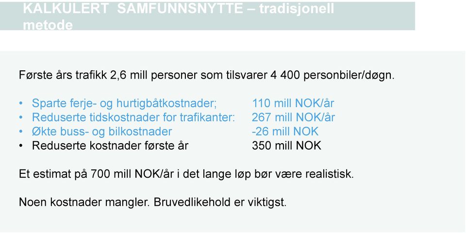 Sparte ferje- og hurtigbåtkostnader; 110 mill NOK/år Reduserte tidskostnader for trafikanter: 267 mill