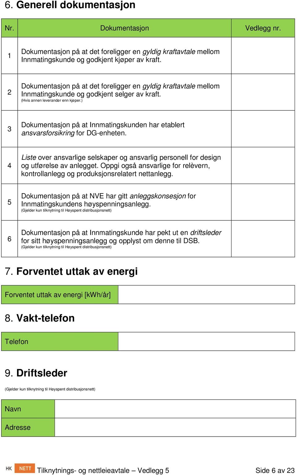 ) 3 Dokumentasjon på at Innmatingskunden har etablert ansvarsforsikring for DG-enheten. 4 Liste over ansvarlige selskaper og ansvarlig personell for design og utførelse av anlegget.