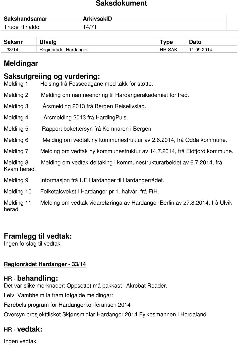 Melding 9 Melding 10 Melding 11 herad. Melding om namneendring til Hardangerakademiet for fred. Årsmelding 2013 frå Bergen Reiselivslag. Årsmelding 2013 frå HardingPuls.