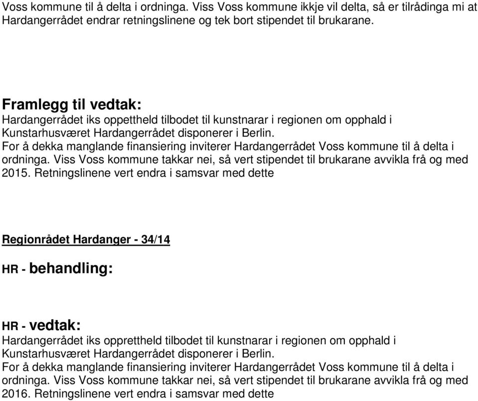 For å dekka manglande finansiering inviterer Hardangerrådet Voss kommune til å delta i ordninga. Viss Voss kommune takkar nei, så vert stipendet til brukarane avvikla frå og med 2015.