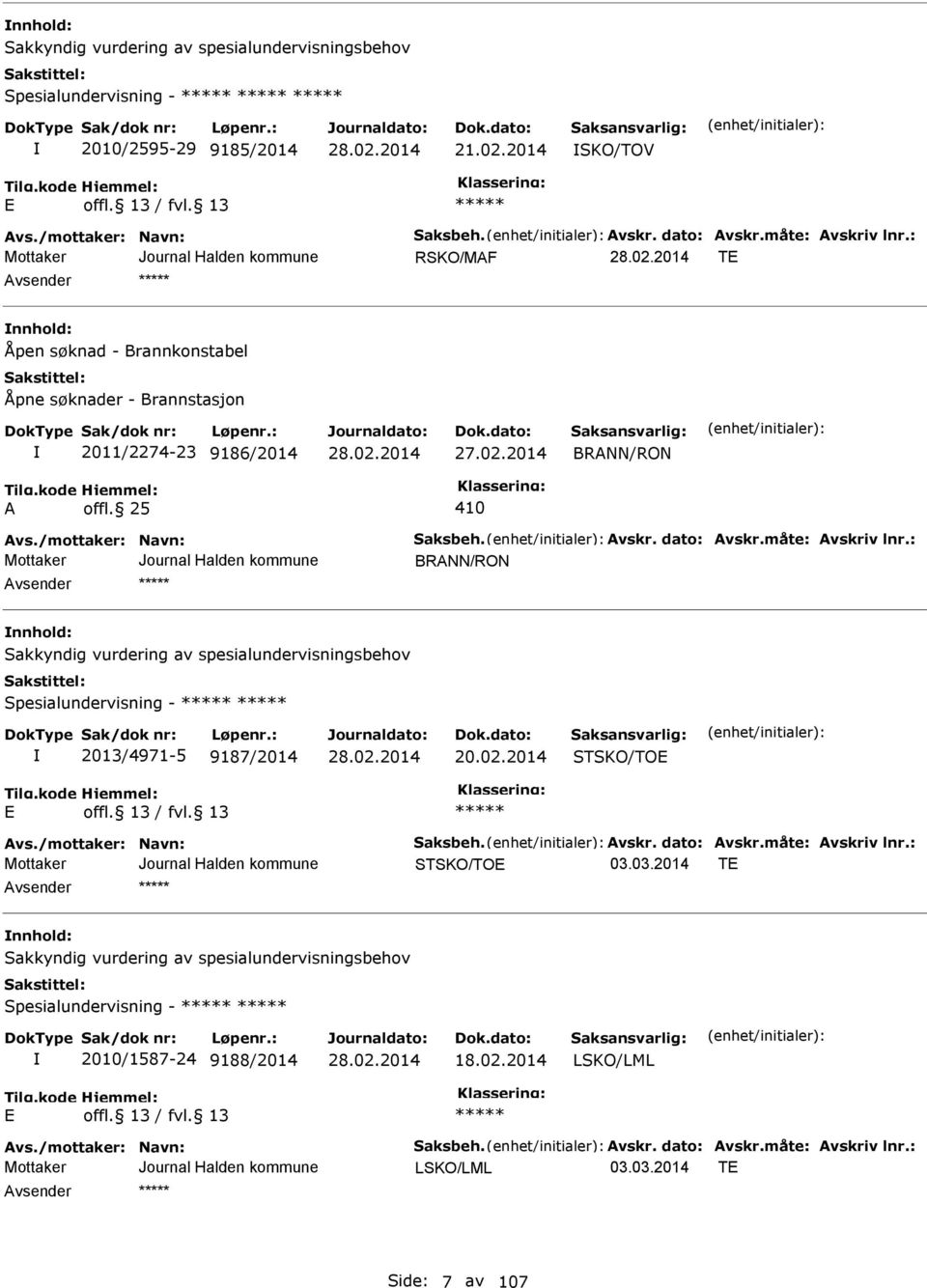 måte: Avskriv lnr.: BRANN/RON nnhold: Sakkyndig vurdering av spesialundervisningsbehov Spesialundervisning - 2013/4971-5 9187/2014 20.02.2014 STSKO/TO Avs./mottaker: Navn: Saksbeh. Avskr. dato: Avskr.