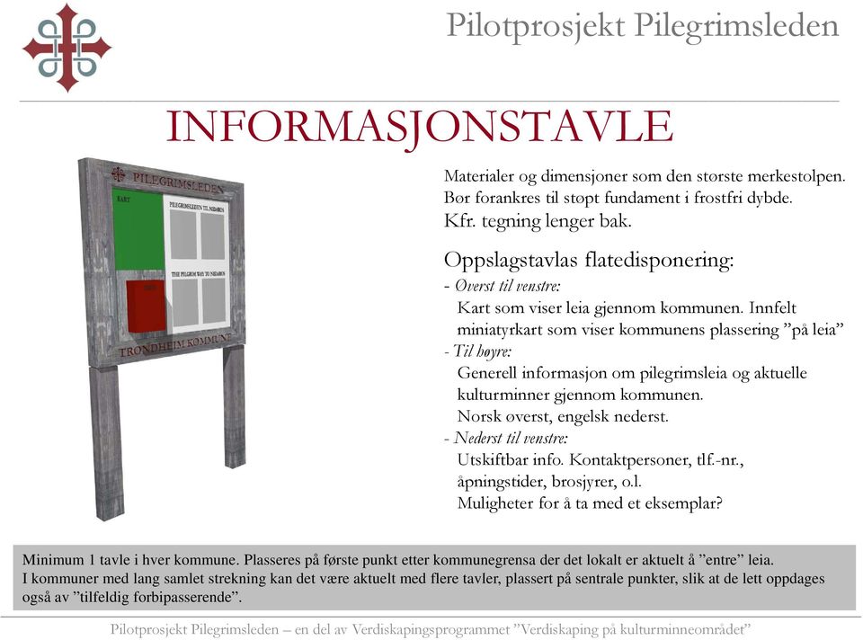 Innfelt miniatyrkart som viser kommunens plassering på leia -Til høyre: Generell informasjon om pilegrimsleia og aktuelle kulturminner gjennom kommunen. Norsk øverst, engelsk nederst.