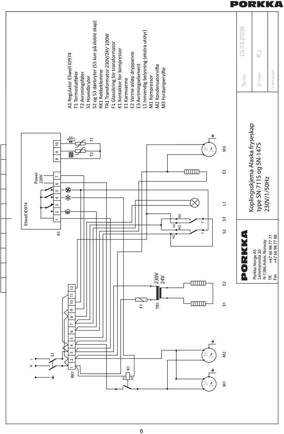 +47 66 98 77 77 Fax +47 66 98 77 88 Koplingsskjema Alaska fryseskap type SN-711S og SN-147S 230V/1/50Hz A1 Regulator Eliwell ID974 T1 Termosta øler T2 Avrimingsføler S1 Hovedbryter S2 og