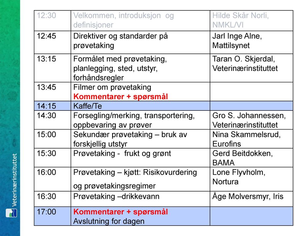 NMKL/VI Jarl Inge Alne, Mattilsynet Taran O. Skjerdal, Veterinærinstituttet Gro S.