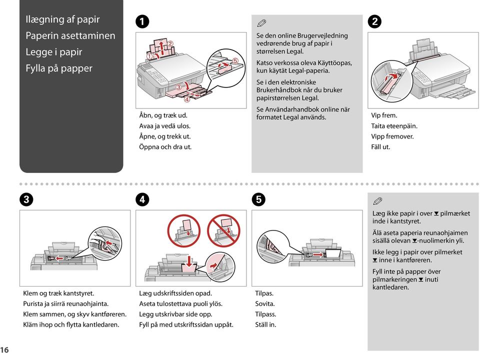 Öppna och dra ut. Se Användarhandbok online när formatet Legal används. Vip frem. Taita eteenpäin. Vipp fremover. Fäll ut. C D E Q Læg ikke papir i over H pilmærket inde i kantstyret.
