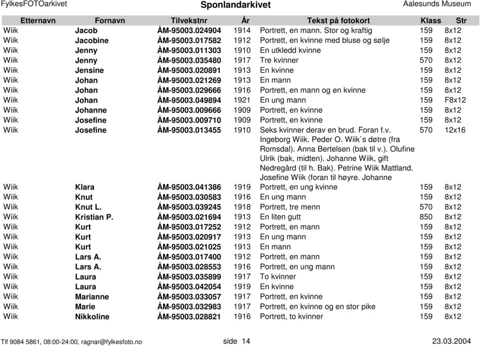 021269 1913 En mann 159 8x12 Wiik Johan ÅM-95003.029666 1916 Portrett, en mann og en kvinne 159 8x12 Wiik Johan ÅM-95003.049894 1921 En ung mann 159 F8x12 Wiik Johanne ÅM-95003.
