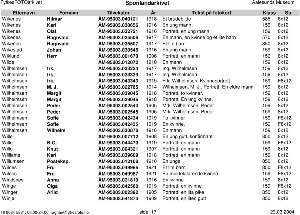 035507 1917 Et lite barn 850 8x12 Wikestad Johan ÅM-95003.030546 1916 En ung mann 159 8x12 Wiklund Herr ÅM-95003.001670 1906 Portrett, en mann 159 8x12 Wilde ÅM-95003.
