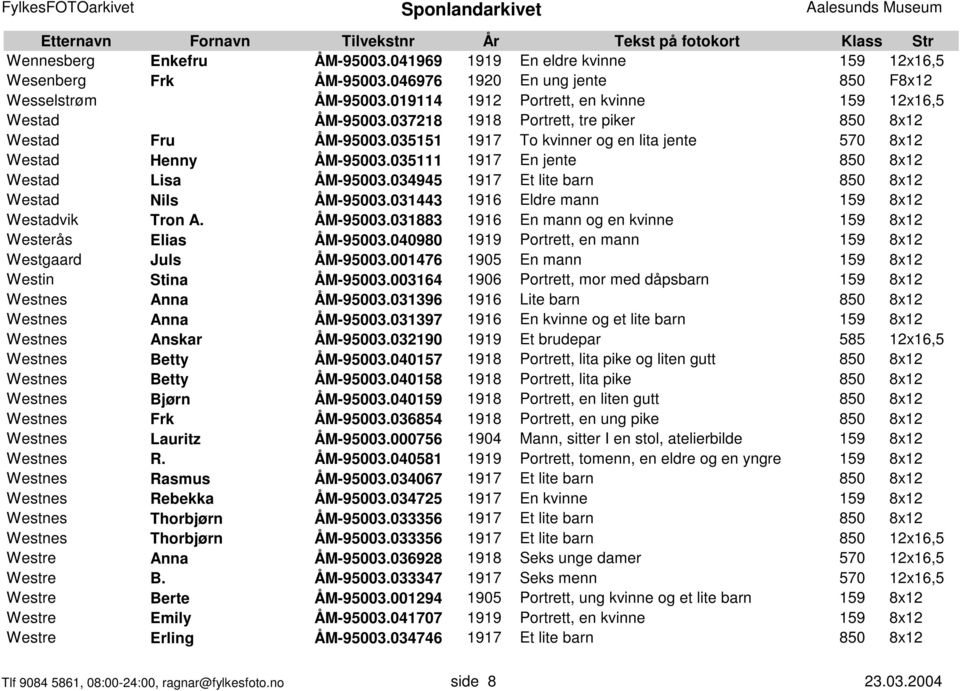 035111 1917 En jente 850 8x12 Westad Lisa ÅM-95003.034945 1917 Et lite barn 850 8x12 Westad Nils ÅM-95003.031443 1916 Eldre mann 159 8x12 Westadvik Tron A. ÅM-95003.031883 1916 En mann og en kvinne 159 8x12 Westerås Elias ÅM-95003.