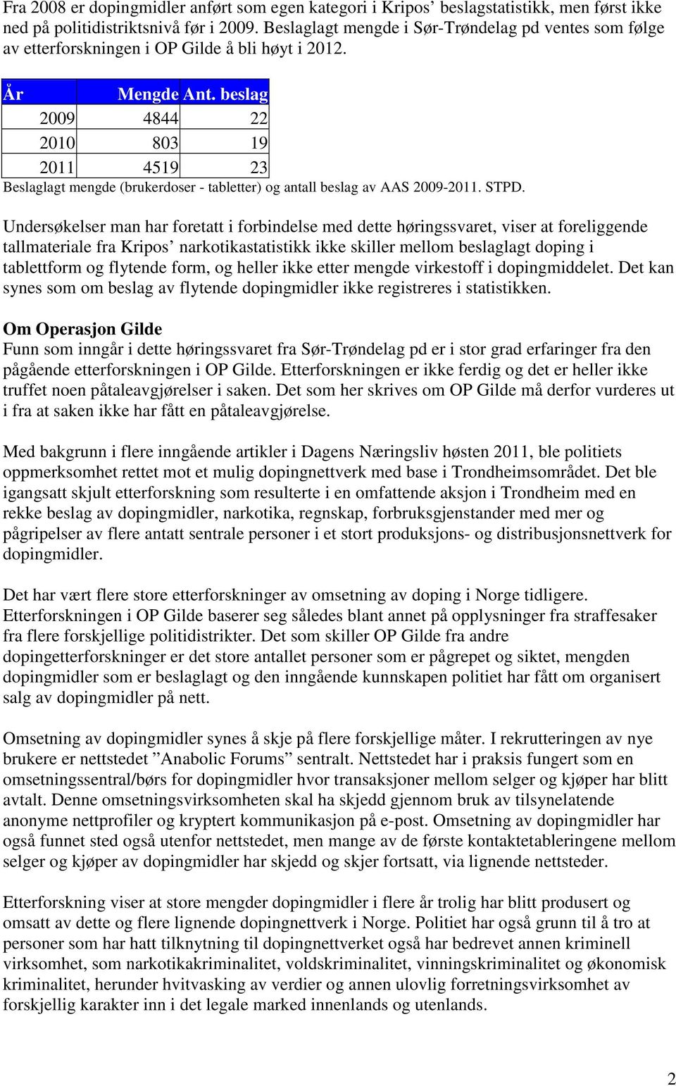 beslag 2009 4844 22 2010 803 19 2011 4519 23 Beslaglagt mengde (brukerdoser - tabletter) og antall beslag av AAS 2009-2011. STPD.