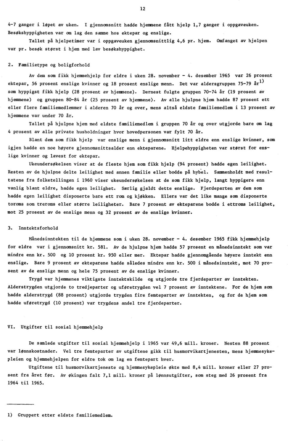 Familietype og boligforhold Av dem som fikk hjemmehjelp for eldre i uken 28. november - 4. desember 1965 var 26 prosent ektepar, 56 prosent enslige kvinner og 18 prosent enslige menn.