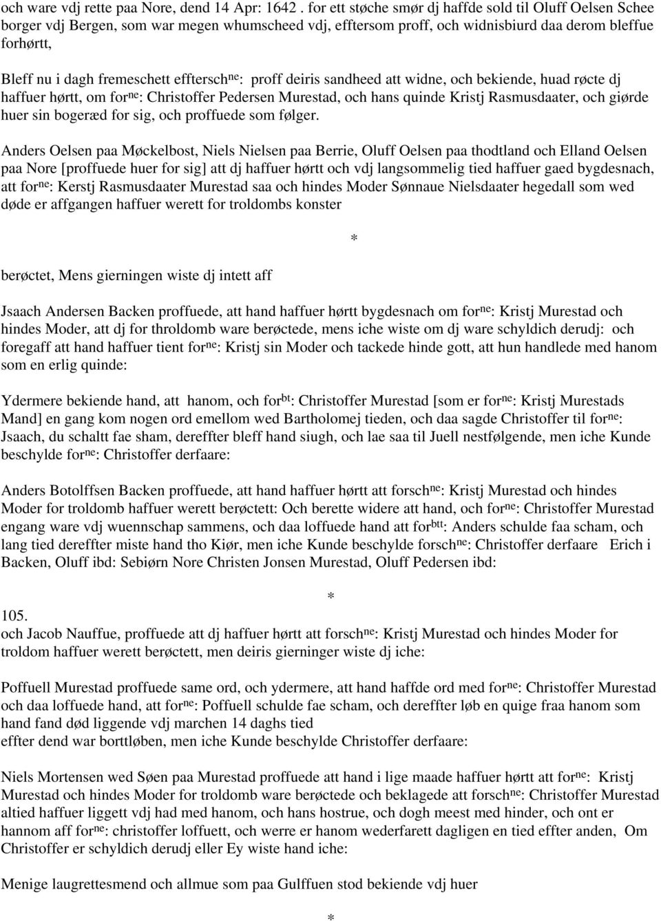 efftersch ne : proff deiris sandheed att widne, och bekiende, huad røcte dj haffuer hørtt, om for ne : Christoffer Pedersen Murestad, och hans quinde Kristj Rasmusdaater, och giørde huer sin bogeræd