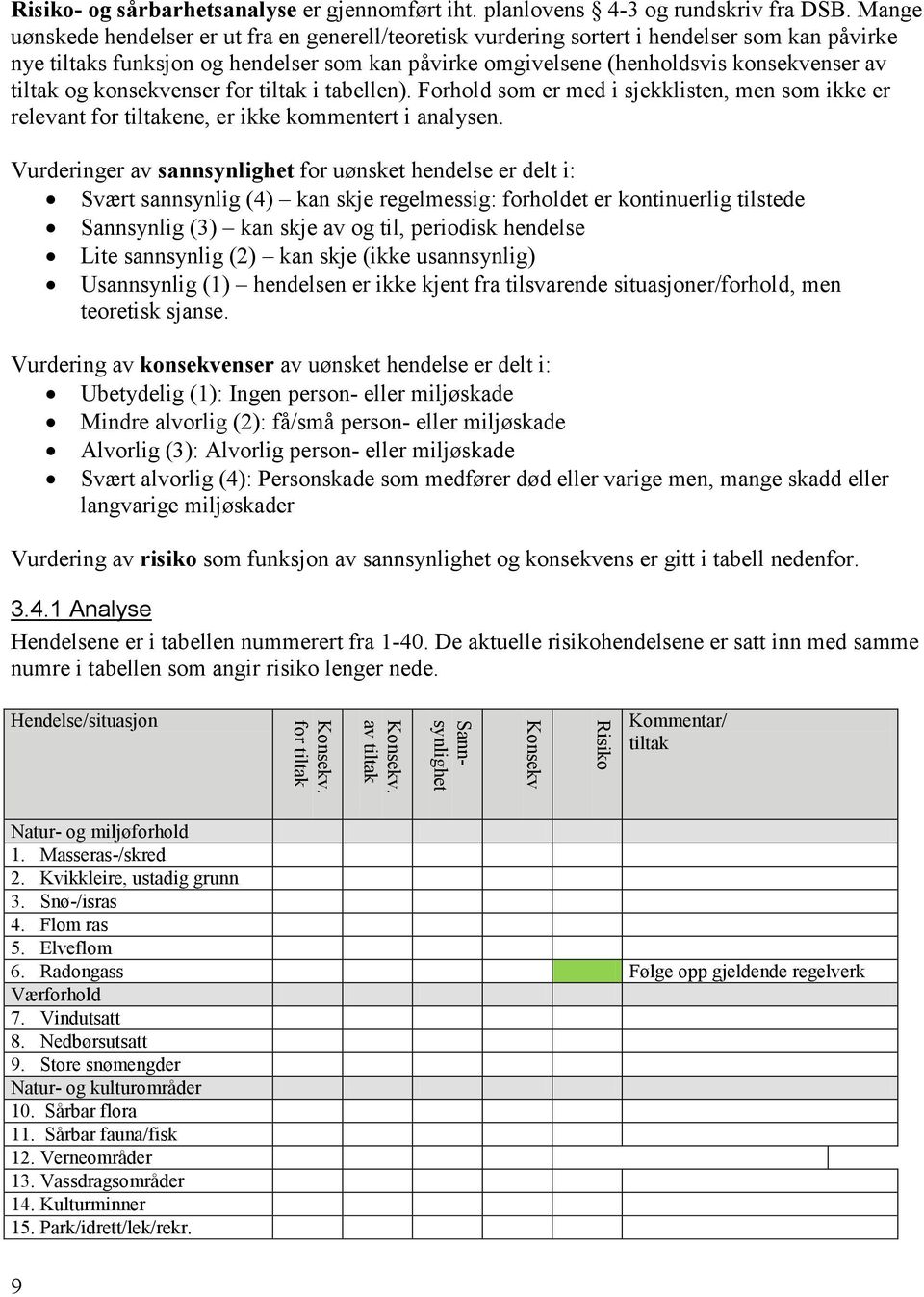 tiltak og konsekvenser for tiltak i tabellen). Forhold som er med i sjekklisten, men som ikke er relevant for tiltakene, er ikke kommentert i analysen.