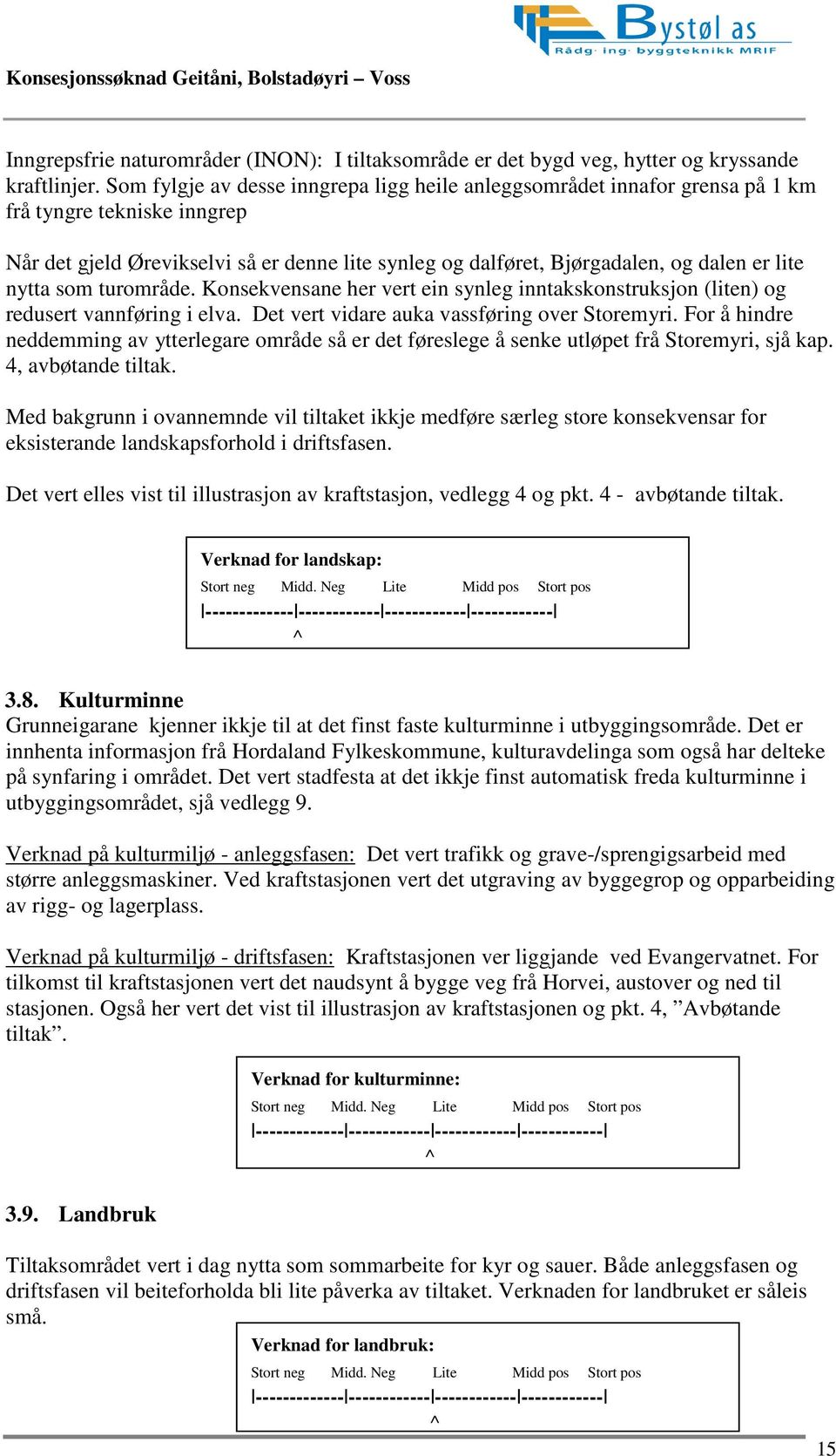 nytta som turområde. Konsekvensane her vert ein synleg inntakskonstruksjon (liten) og redusert vannføring i elva. Det vert vidare auka vassføring over Storemyri.